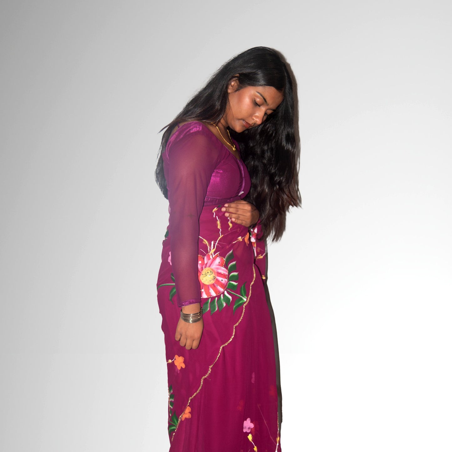 Women Floral Brush Print with Handwork Saree