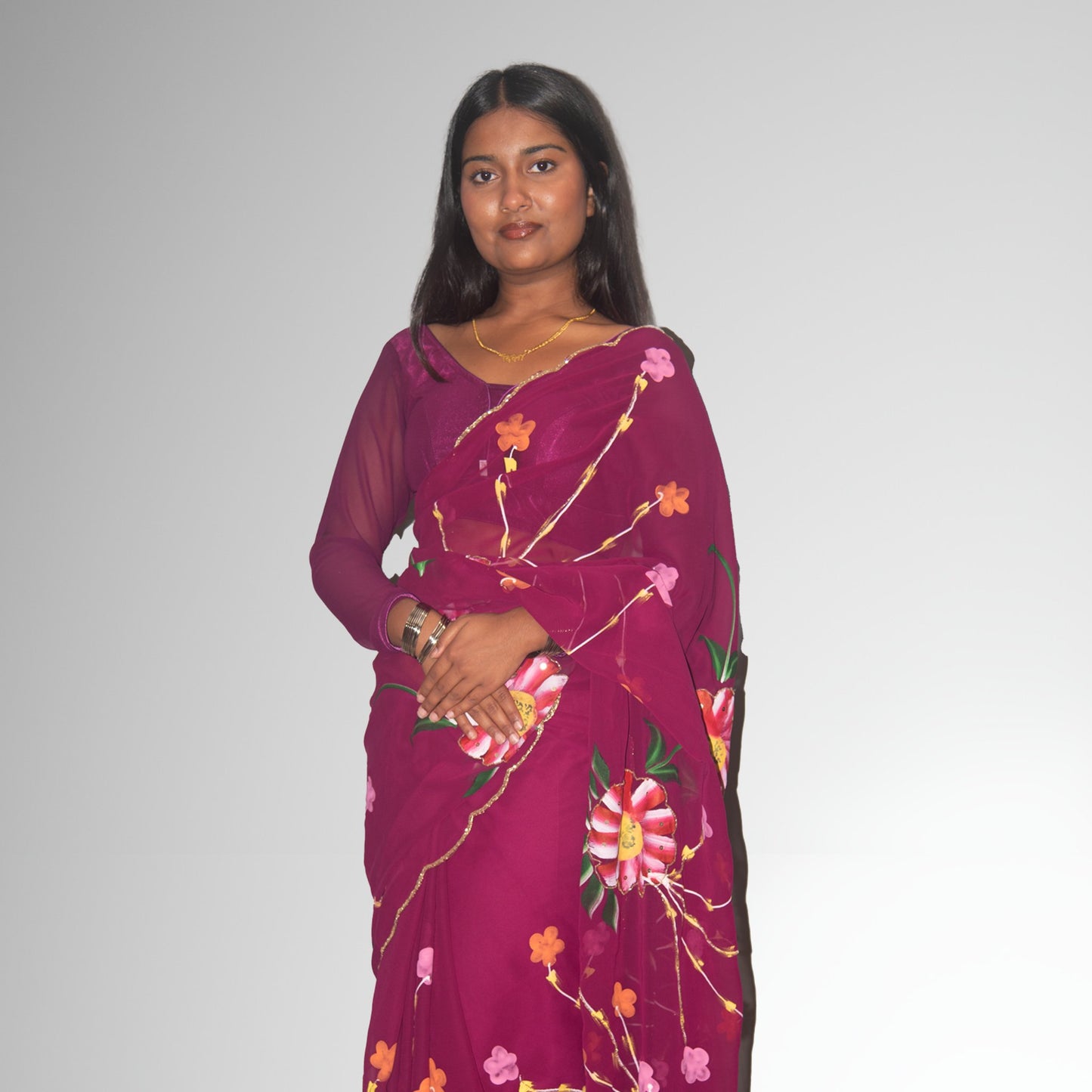 Women Floral Brush Print with Handwork Saree