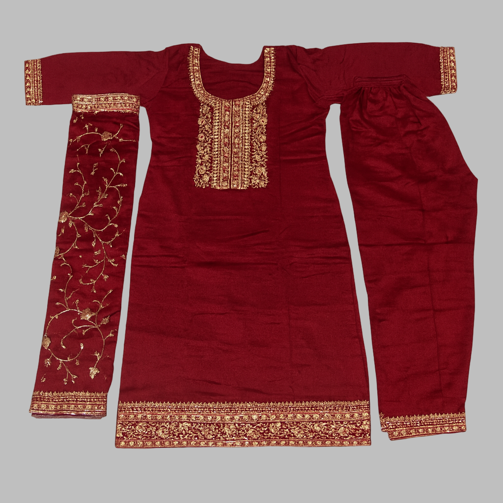 Red traditional outfit with gold embroidery on a white background