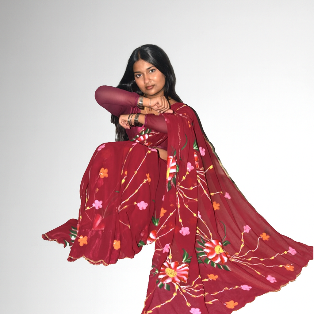 Women Floral Brush Print with Handwork Saree