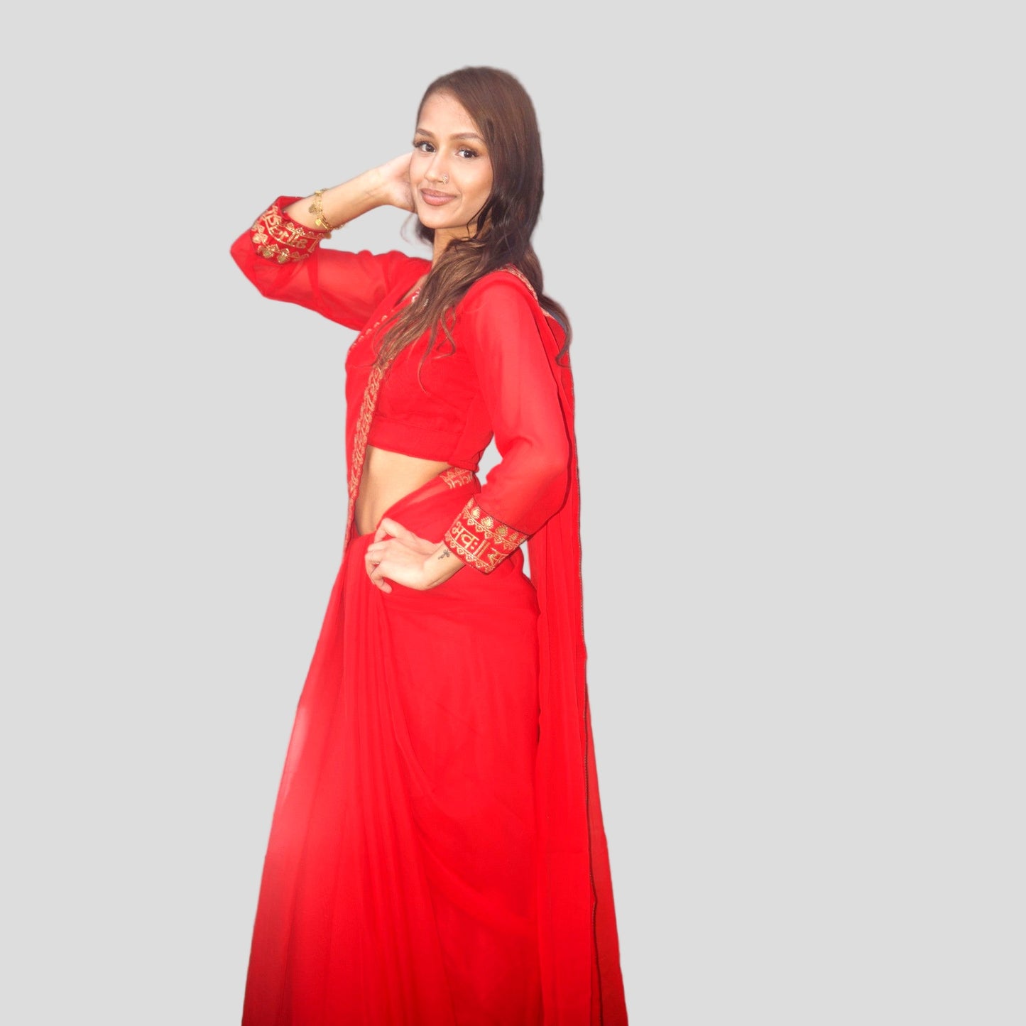 Women's Red Saree – Saubhagyavati Design with Stitched Blouse