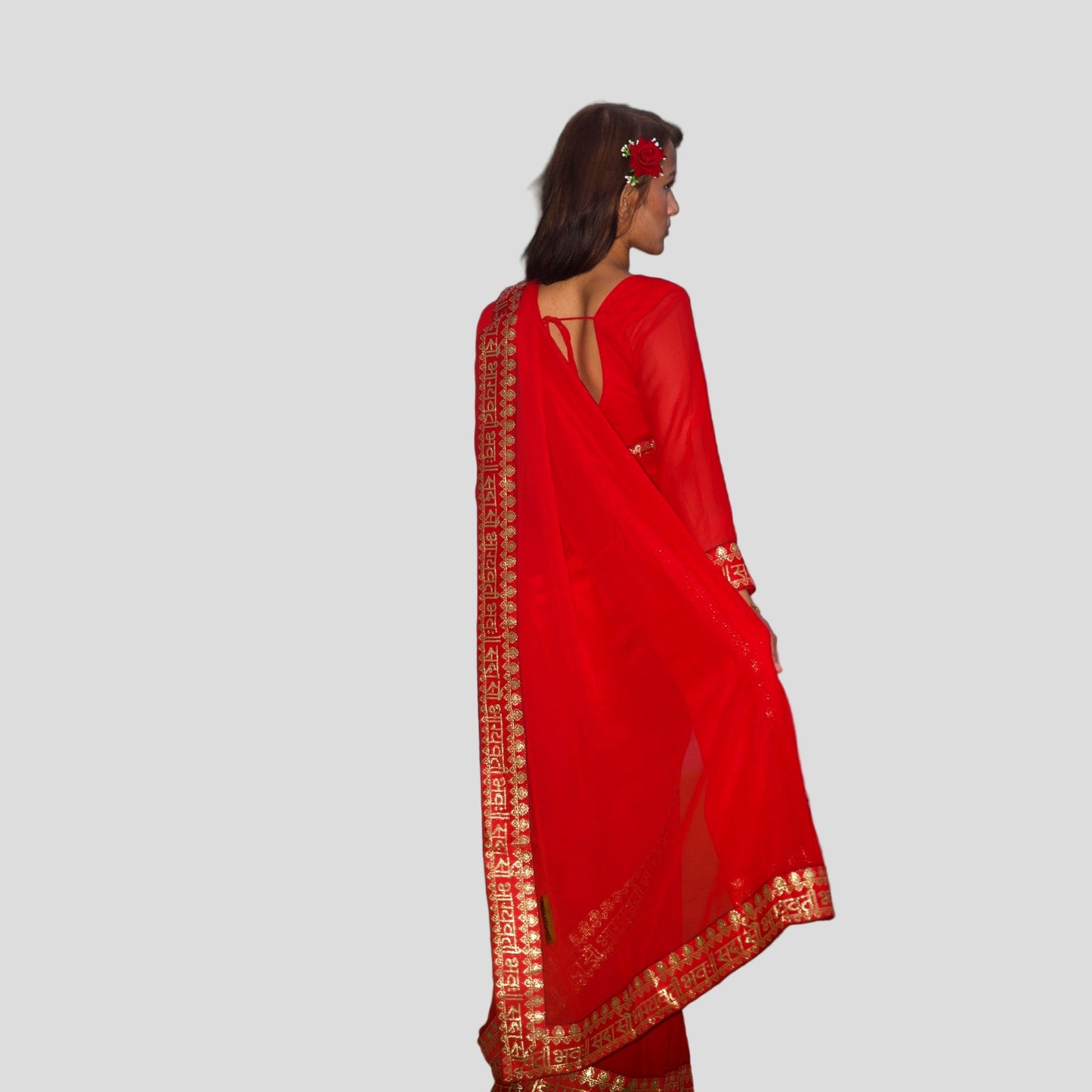 Women's Red Saree – Saubhagyavati Design with Stitched Blouse