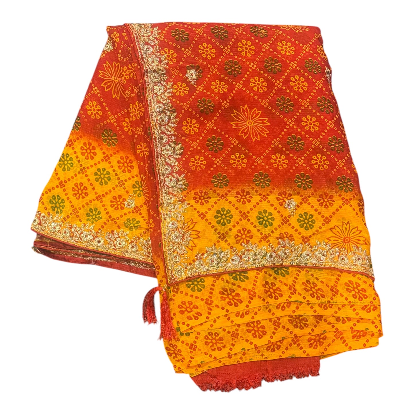 Red & Yellow Suhagan Bandhani Saree with Heavy Zari Border (Unstitched Blouse Included)
