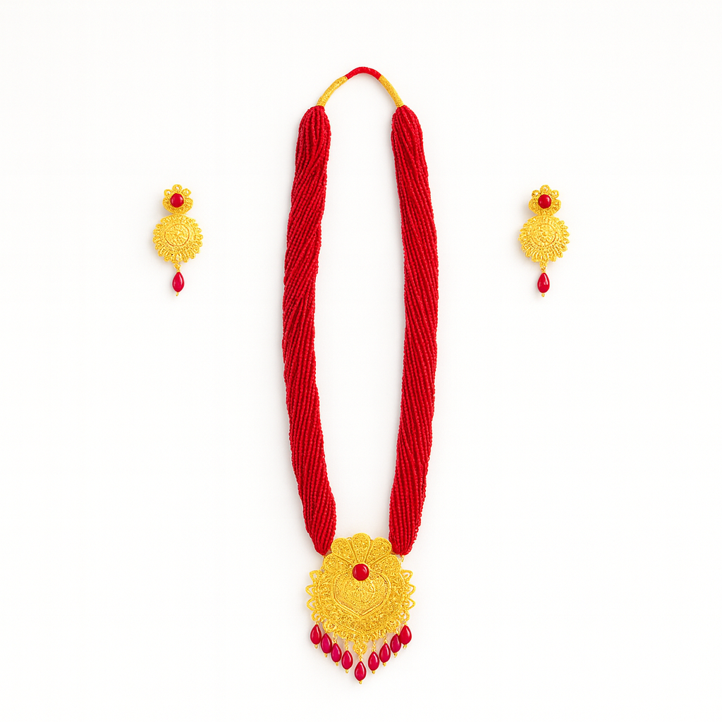 Red necklace with yellow decorative elements on a white background