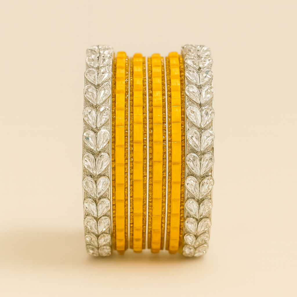 Emerald Silver & Yellow Crystal Kada Bangles Set – 6 Pieces