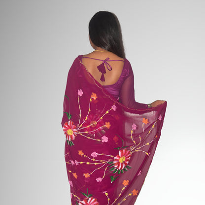Women Floral Brush Print with Handwork Saree