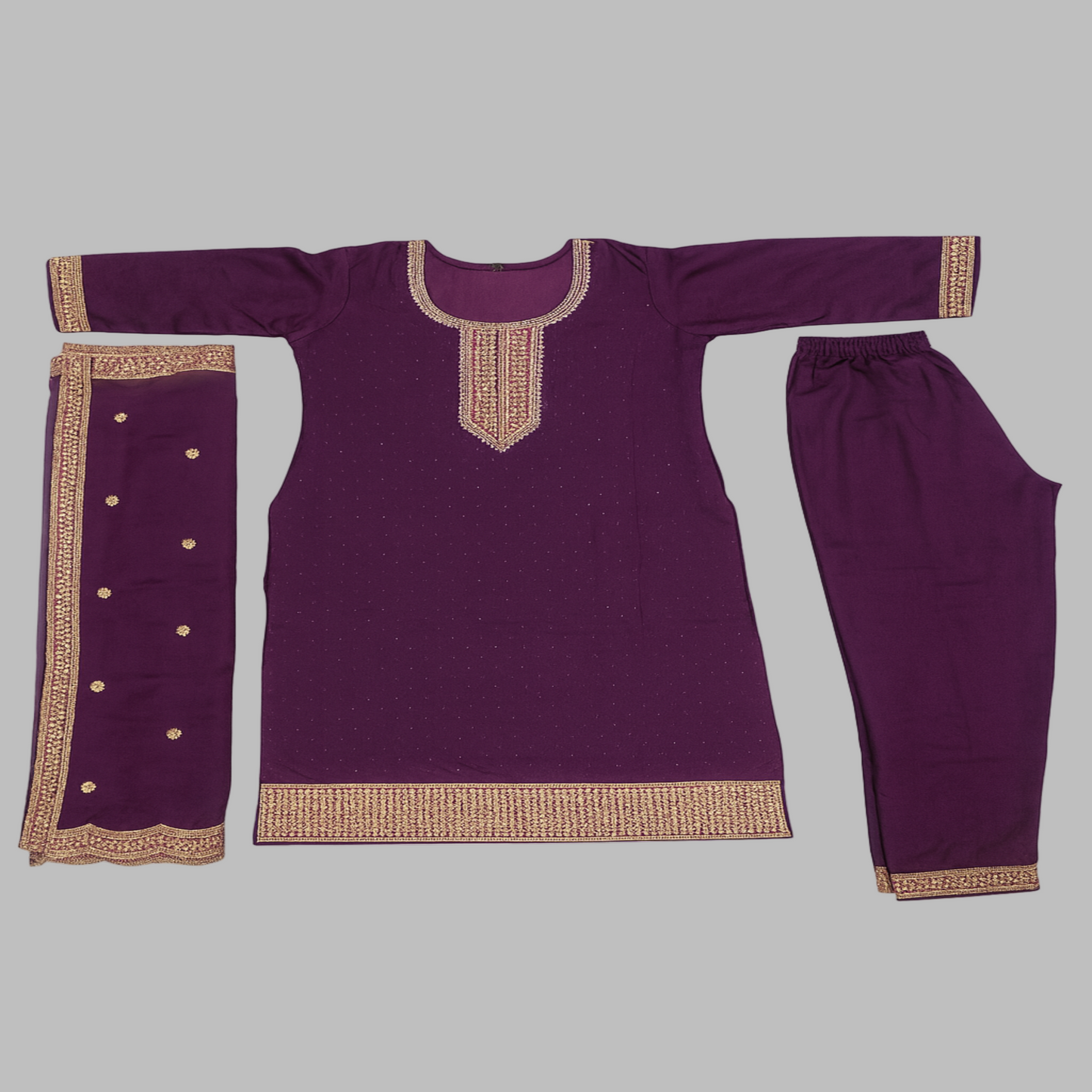 Purple traditional outfit with gold embroidery on a gray background