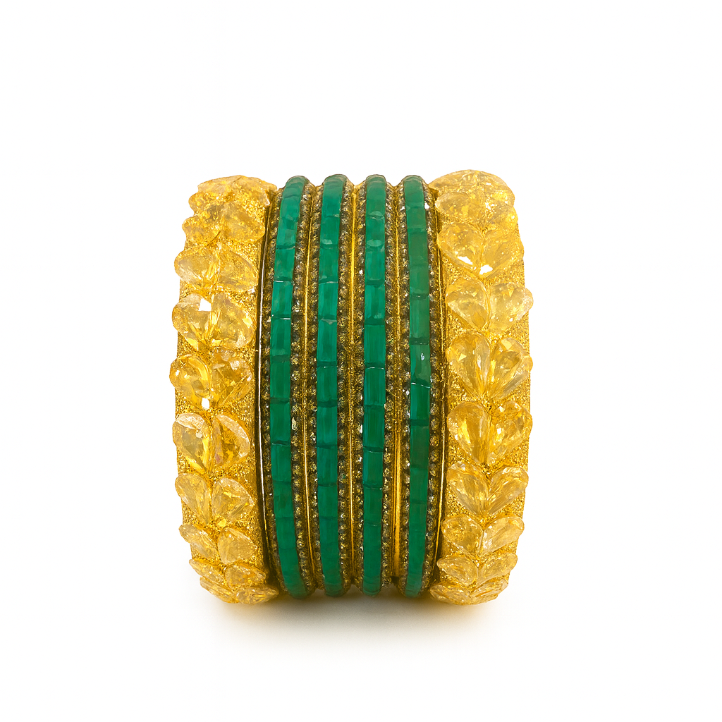 Emerald Silver & Yellow Crystal Kada Bangles Set – 6 Pieces