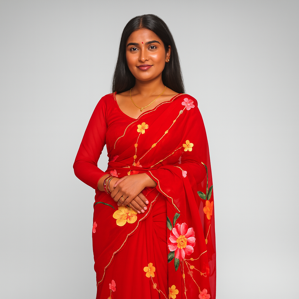 Women Floral Brush Print with Handwork Saree