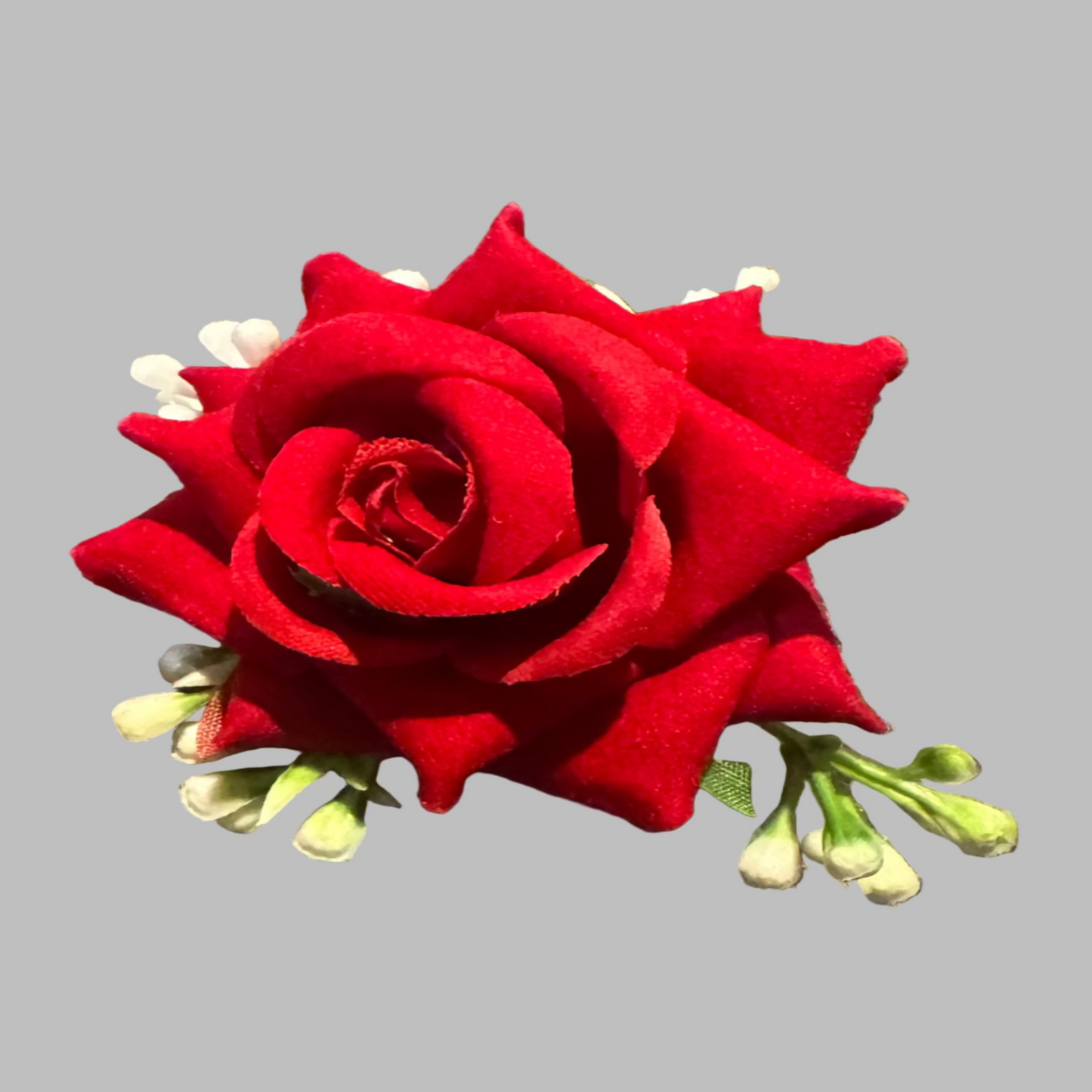 Red rose with green leaves on a gray background
