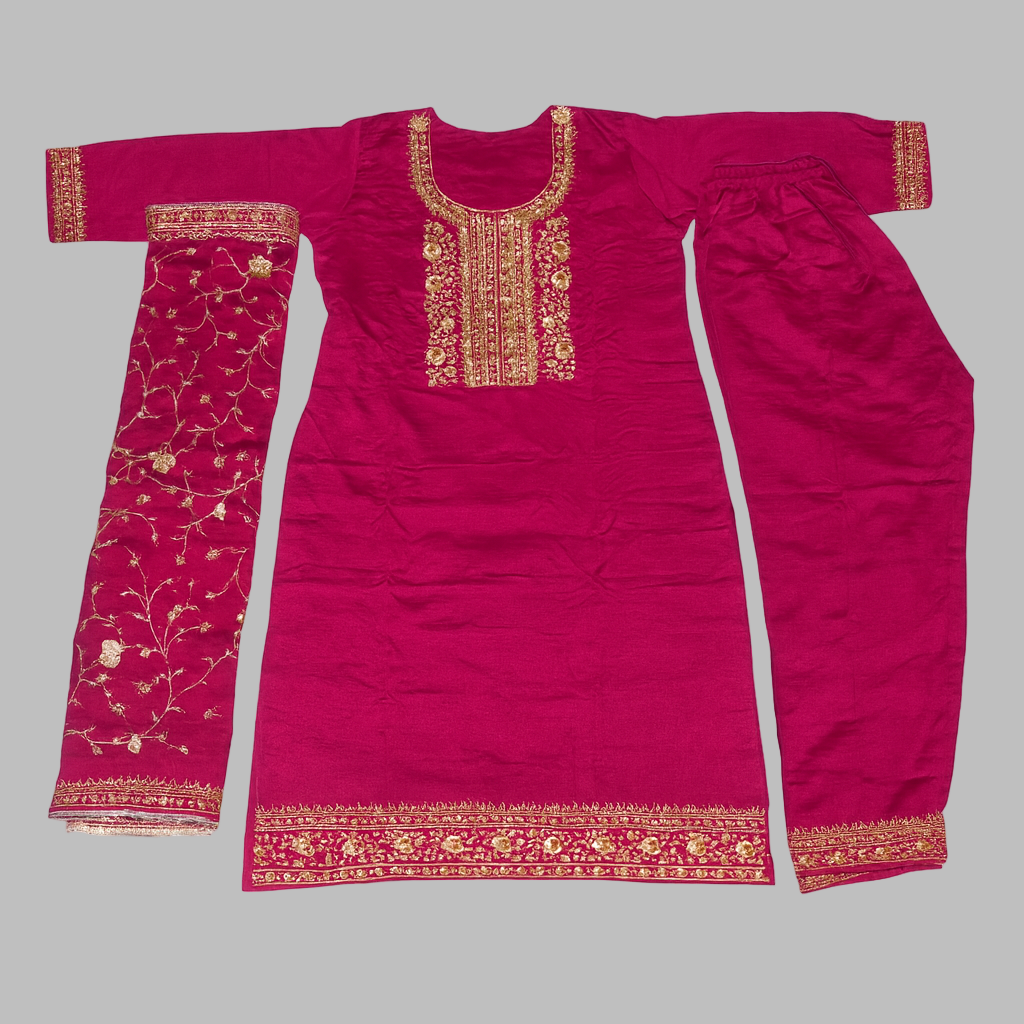 Red traditional outfit with gold embroidery on a white background