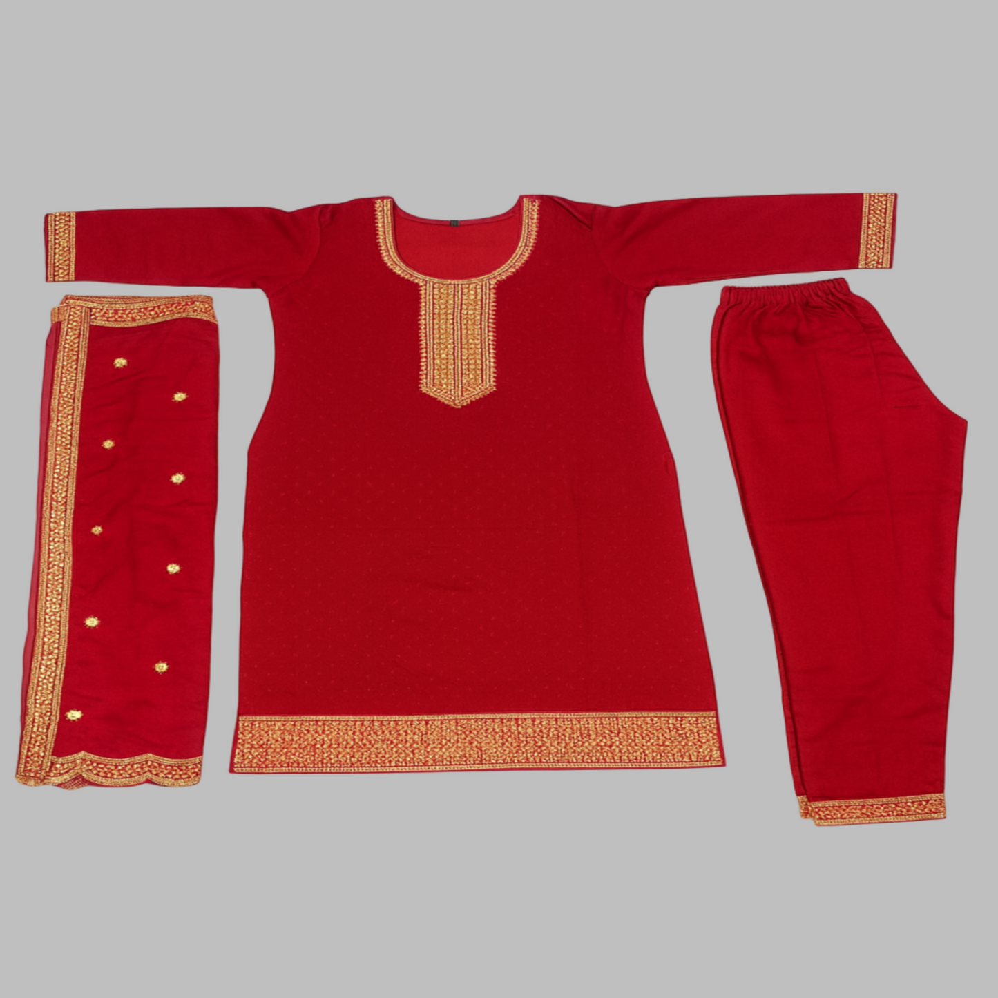 Red traditional outfit with gold embroidery on a white background