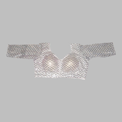 Silver bralette with mesh design on a white background