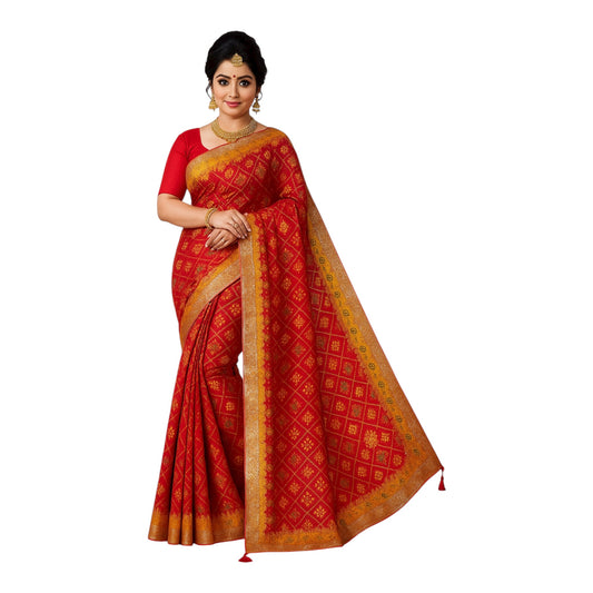 Red & Yellow Suhagan Bandhani Saree with Heavy Zari Border (Unstitched Blouse Included)