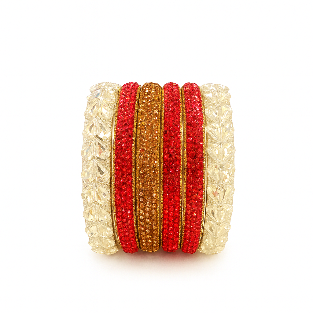 Emerald Silver & Yellow Crystal Kada Bangles Set – 6 Pieces