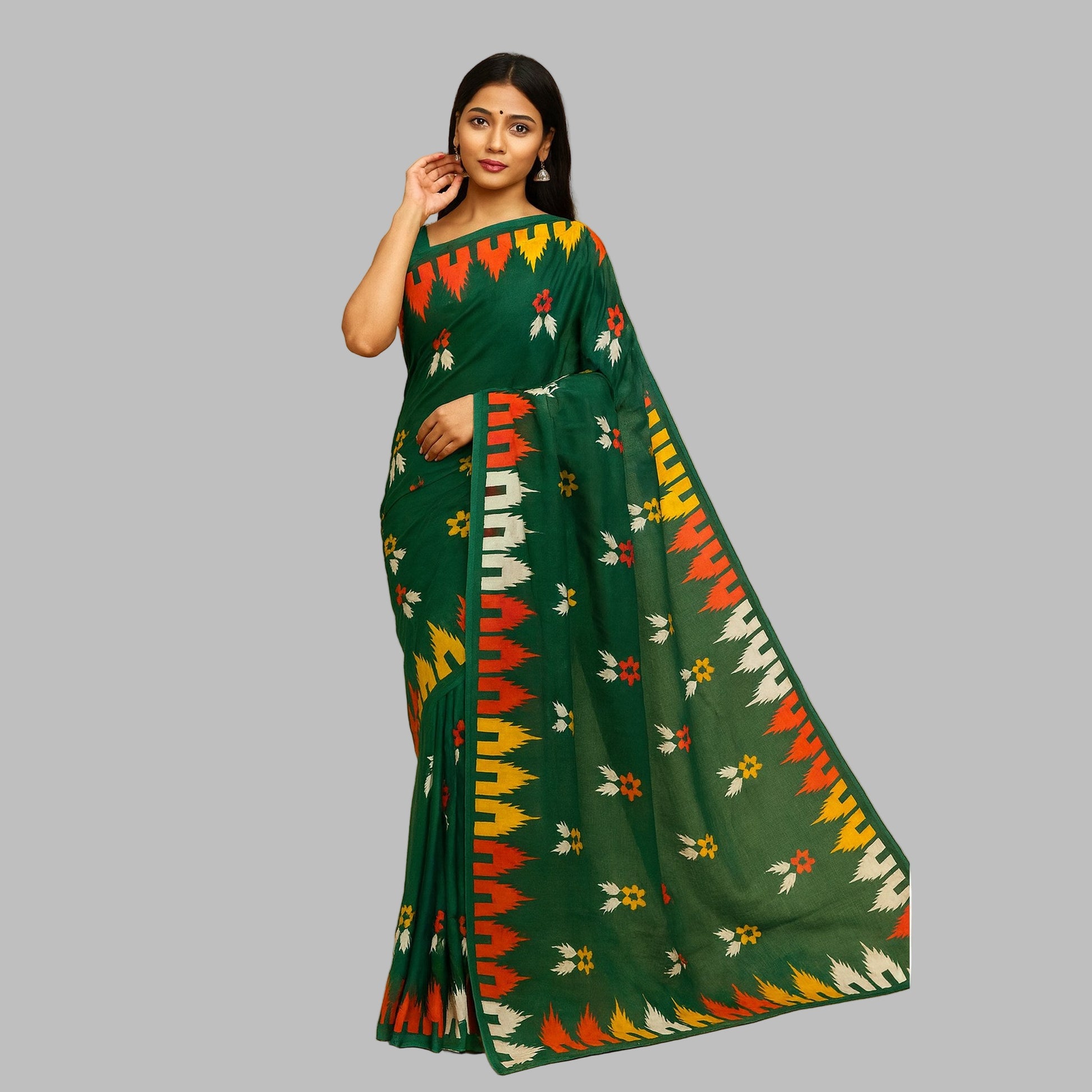 Woman wearing a green saree with colorful patterns on a beige background