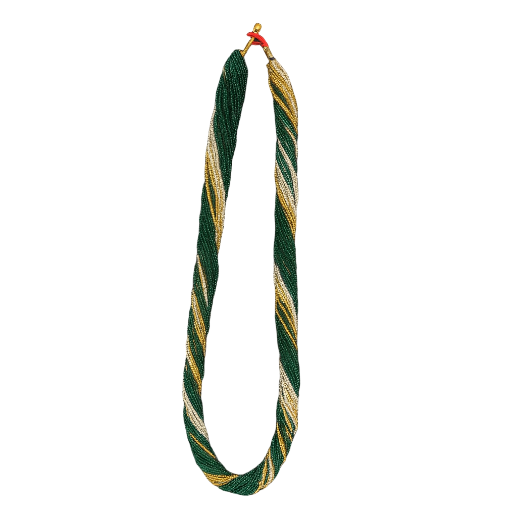 Colorful woven necklace on a white textured background